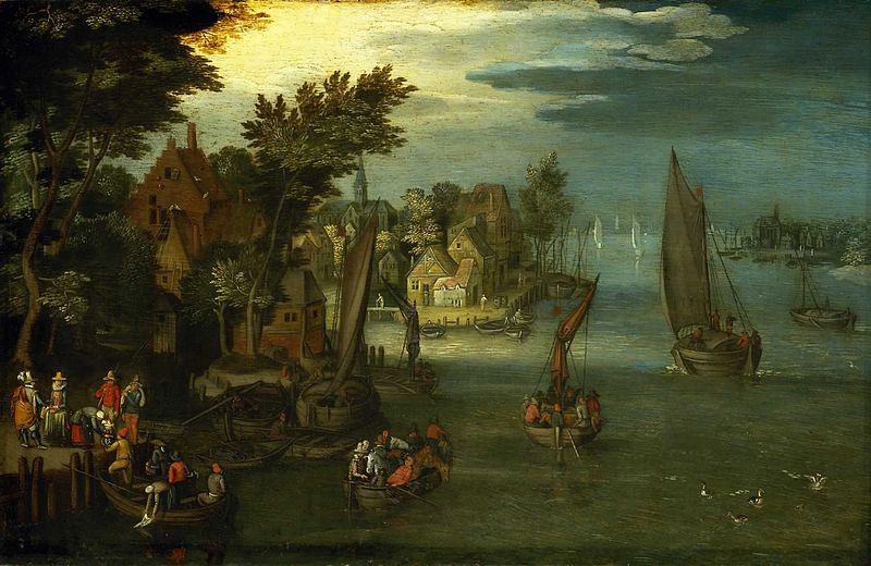 Jan Brueghel A Busy River Scene with Dutch Vessels and a Ferry Germany oil painting art
